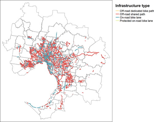 Figure 5. Map of bicycling infrastructure, stratified by infrastructure type. The grey borders reflect SA2 boundaries.