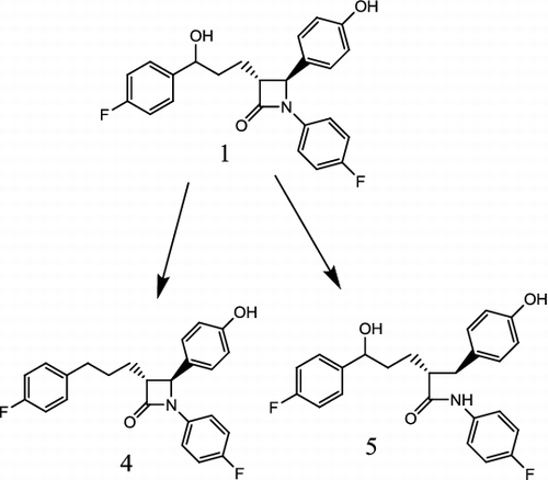 Figure 2. Biotransformation of ezetimibe (1) by Cunninghamella blakesleeana into compound (4) and compound (5).