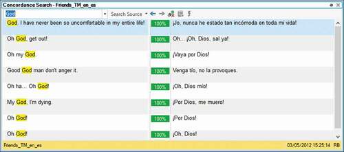 Figure 5. Concordance searches undertaken using SDL Trados Studio 2019 to translate for dubbing purposes