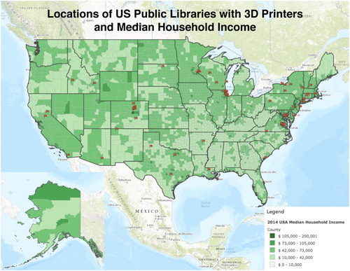 Figure 1 This map shows the locations of US public libraries overlayed on a heat map showing median household income.