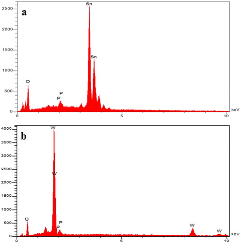 Figure 10. Energy Dispersive X-Ray (EDX) spectrum after adsorption isotherm of SnO2 (a) and WO3 (b) nano adsorbent (initial concentration of phosphate, 60 mg L−1).