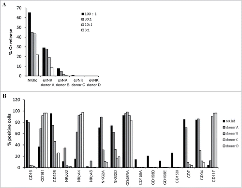 Figure 1. Heterogeneity of cytotoxic potential and surface receptor expression among evNK issued from different UCB-donors. (A) Cytotoxic activity of evNK issued from 4 different donors against K562 target cells. Cytotoxicity was determined by a conventional 4-hr Cr51-release assay at different E:T ratios(100:1, 30:1, 10:1, 3:1).(B) Flow cytometry analysis of the surface expression of the indicated NK receptor on evNK derived from UCB-donors of Fig. 1A. Percentage of positive cells was measured on CD56-purified evNK cells.