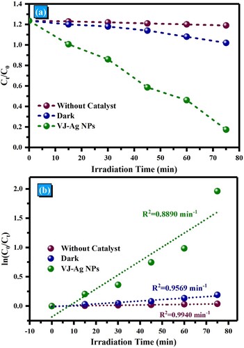 Figure 12. (a). Effect of solar light irradiation time on the degradation performance, (b) Kinetic trends for photodegradation by the synthesized photocatalysts of RhB.