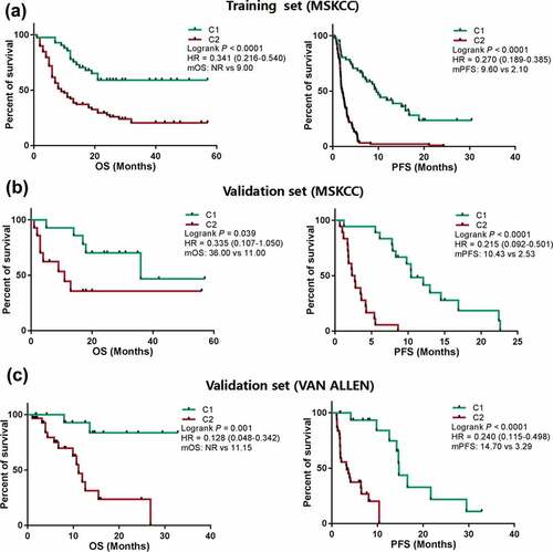 Figure 3. Patients showing a different clinical benefit from ICBs were compared between C1 and C2 groups. a, Kaplan-Meier survival curves showing OS and PFS between the C1 and C2 groups in LUAD patients from the training cohort (MSKCC) treated with anti-PD-1/PD-L1 therapy. b, Kaplan-Meier survival curves showing OS and PFS between the C1 and C2 groups in LUAD patients treated with anti-PD-1/PD-L1 therapy from the validation cohort (MSKCC). c, Kaplan-Meier survival curves of OS and PFS between the C1 and C2 groups in LUAD patients from the validation cohort (VAN ALLEN) treated with anti-PD-1/PD-L1 therapy. Abbreviations: ICB, immune checkpoint blockades; PFS, progression free survival; OS, overall survival; NR, not reached; MSKCC, Memorial Sloan Kettering Cancer Center; PD-1, programmed death receptor 1; LUAD, lung adenocarcinoma; PD-L1, programmed death receptor 1 ligand