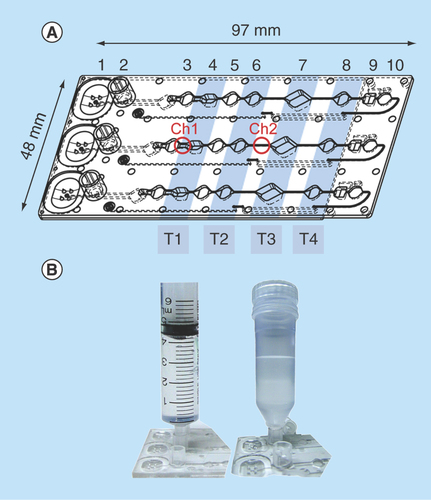 Figure 1.  MinoCard.(A) Design of the cartridge. 1 – blister position, 2 – socket for a sample container, 3,5,6,8 – washing chambers (10 μl each), 4 – optionally washing or lysis chamber (20 μl), 7 – amplification chamber (50 μl), 9 – (optionally) hybridization chamber, 10 – waste chamber. T1–T4: positions of Peltier elements (on the external instrument). Ch1: 1.4 mm-wide channel, Ch2 – 0.4 mm-wide channel. (B) Attachment of a sample container (a syringe or a special container) to the socket.
