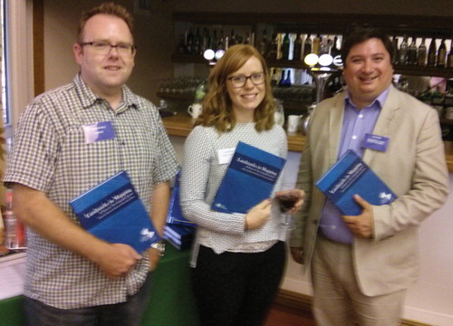 Figure 1. Journal Editor Kenneth Field, Maney Managing Editor Laura Bradford and Journal Assistant Editor Alex Kent celebrate the launch of Landmarks in Mapping at a special reception