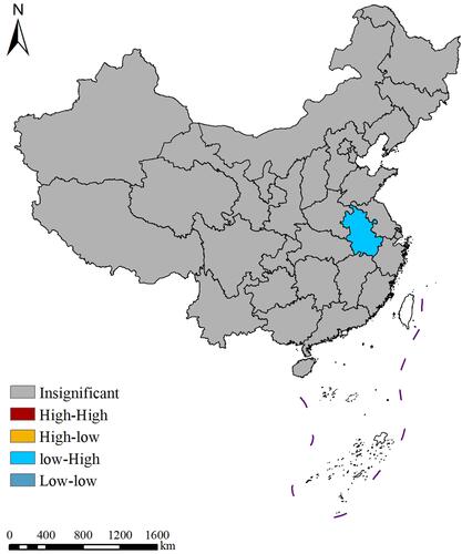 Figure 2 Local spatial autocorrelation analysis of national annual average cataract surgery rates, 2013–2017.