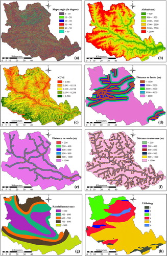 Figure 3 Landslide conditioning factor maps showing: (a) slope angle, (b) altitude, (c) NDVI, (d) distance to faults, (e) distance to roads, (f) distance to rivers, (g) rainfall, and (h) lithology.