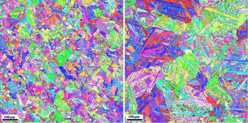 Figure 3. (colour online) EBSD orientation maps of a Fe-22 at.% Ni specimen (left) and a Fe-25 at.% Ni specimen (right) after martensitic transformation realised by applying a cooling rate of 0.1 K min−1. The martensite microstructure of Fe-22 at.% Ni shows a larger ‘ruggedness’ than that of Fe-25 at.% Ni.