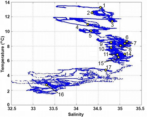 Fig. 2  Surface temperature and salinity data from the numbered stations along the transect.