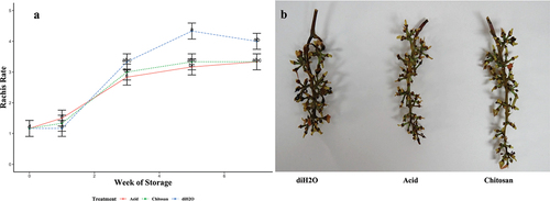 Figure 3. Grape cluster rachis rate with each treatment during storage. Each rachis from each cluster is collected at week 0, 1, 3, 5 and 7. Rachis dehydration is scored from 1 (all green rachis) to 5 (all brown rachis). (a) Rachis index changes during storage. Different letters (a, b, c) correspond to mean values significantly different (p < .01) by analysis of variance (ANOVA) and Tukey post hoc test. (b) Representative photo of rachis with different treatment.