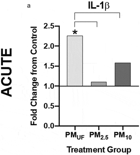 Figure 5. Protein levels of IL-1ß in lung homogenate 24 hr post-acute (a) exposure to PM. IL-1ß protein levels were measured via enzyme-linked immunosorbent assays (ELISAs), and statistical significance was calculated with a one-way ANOVA to test the effect of particle size on IL-1 ß (N = 8). Protein levels were represented graphically as a fold change from control (normalized to 1). Statistical significance was determined at a level of p < .05 for all ANOVAs and Tukey’s tests. The asterisks (*) signify significant (p < .05) differences from the H2O-exposed control group, and brackets signify significant (p < .05) differences between groups exposed to different PM size fractions.