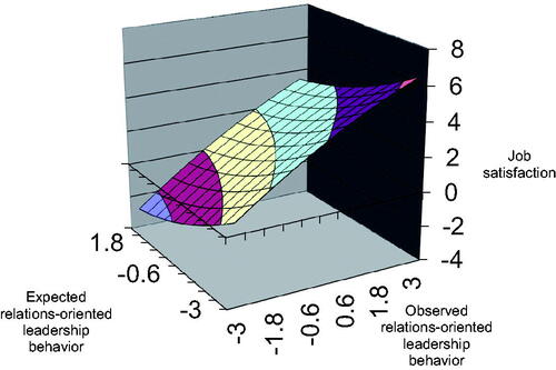 Figure 5. Response surface for the relationship among expected and observed relations-oriented leadership behaviors and job satisfaction.