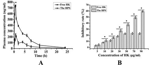 Figure 5. The bioavailability result (A) of the free HK and the HPS in rats. Data are presented as the mean ± standard deviation (n = 6). *p < .05 vs. free HK; The viability diagram (B) of different amount of the free HK and the HPS (HK content: 100.0, 80.0, 60.0, 40.0, 20.0, 10.0, and 5 μg/mL) on HepG2 cells after 48 h of treatment. Data are presented as mean ± standard deviation (n = 3). *p < .05 (vs. free HK).