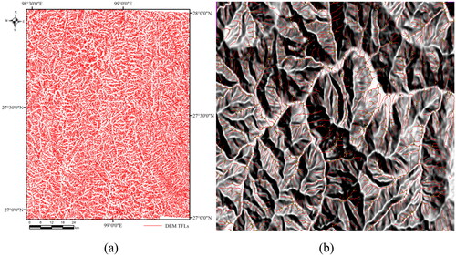 Figure 4. DEM TFLs of valleys in (a) part of the Longitudinal Range-Gorge region of Yunnan Province and their cross points in (b) the zoom-in area overlaid with the hill-shade texture.