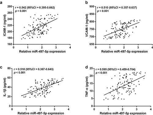 Figure 4. Correlation between serum miR-497-5p and endothelial adhesion factors ICAM-1 (a) VCAM-1 (b) as well as inflammatory factors IL-1β (c) and TNF-α (d) was evaluated by Person correlation coefficient.