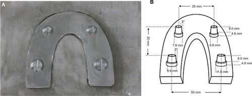 Figure 1 Stainless steel master model containing two anterior and two posterior abutments assembled on metal plate (A) in specific dimension (B).