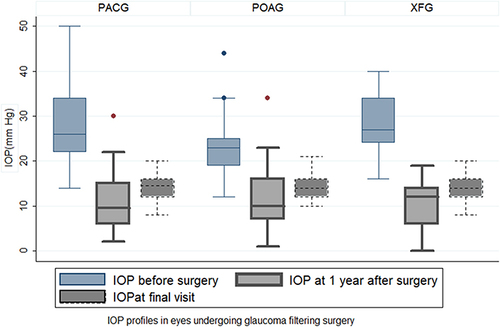 Figure 2 Intraocular pressure profiles before and after glaucoma filtering surgery in eyes with exfoliation or primary glaucoma.