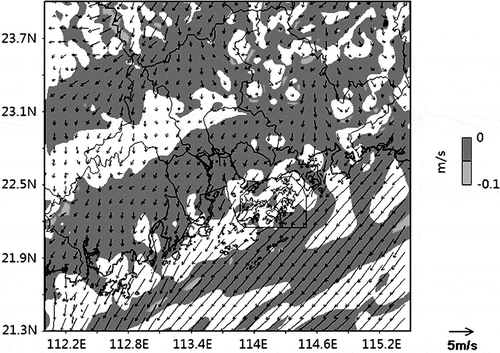 Figure 6. Simulated (by MM5) 10-m wind field (black arrows) and vertical velocity at 920 hPa (shaded) over PRD region at 10:00 a.m. on October 11, 2004.