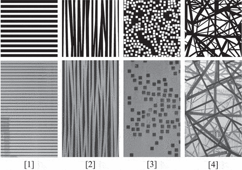 Fig. 1. The selected façade geometry variations (top row) and the corresponding examples of contemporary architecture they were based on (bottom row). Façade variations were manipulated to have the same perforation ratio. From left to right: [1] Faena Aleph Residences, Foster + Partners, Buenos Aires, Argentina, 2012; [2] Selcuk Ecza Headquarters, Tabanlıoglu Architects, Istanbul, Turkey, 2013; [3] Kew House, Piercy & Company, Richmond, United Kingdom, 2014; [4] Federation Square, Lab Architecture Studio, Melbourne, Australia, 2002.