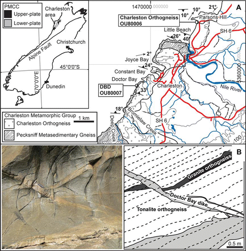 Figure 1  A, Simplified geological map of the Charleston area. B, Photo and digitised field sketch illustrating the intrusive relations between the Doctor Bay dike and Charleston Orthogneiss (this study; Nathan 1975; Kimbrough & Tulloch 1989; Nathan et al. 2002). The diagonal dashed lines on the digitised sketch (B) represent the foliation.