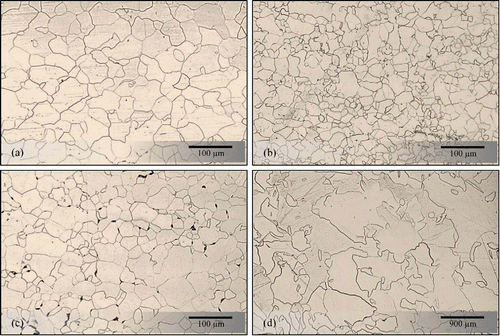 Figure 1. OM images of pure iron: (A) as-received, (B) 85% cold rolled, annealed at 550°C, (C) 75% cold rolled, annealed at 800°C and (D) 85% cold rolled, annealed at 1000°C.