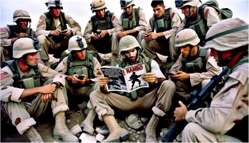 Figure 5. DALLE.3 generated image created by the author. The DALLE.3 prompt generated this accompanying caption: Archival photo of US troops in Afghanistan taking a break. A soldier reads a comic adaptation of ‘Rambo’, while others around him discuss the fictional hero's tactics and compare them to their real-life experiences, showcasing the feedback loop between fictional media portrayal and on-ground discussions. DALLE.3. 16 October 2023.