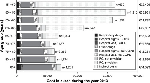 Figure 3 Estimated direct and indirect costs in euros (€) stratified by age group during 2013 in COPD patients.