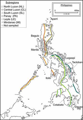 Figure 1. Distribution of the sampling sites in the Philippines in the 1960s and 2010s.Longitudinal lines with different color indicate the borders of climatic regions according to the Corona’s classification. The areas to the west of red line associate with Climate I, those to the east of blue lines associate with Climate II, those inside of the yellow lines or green lines were Climate III and IV, respectively