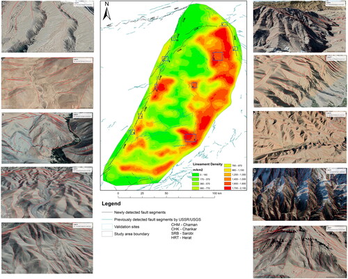 Figure 16. Thematic map showing the spatial density of lineaments superimposed by active fault segments: black fault lines from (Ahmadi et al. Citation2022), and light Blue fault lines are from (Wheeler et al. Citation2005; Abdullah et al. Citation2008).