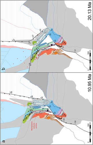 Figure 10. Retro-deformation of the Aotearoa-New Zealand plate boundary zone. Crustal block reconstruction presented for the A, Middle and B, Early Miocene. See Figure 8 for more details. The trends of the rigid crustal blocks within the plate boundary zone are consistent with the Miocene fault-propagation fold model (Figure 5).