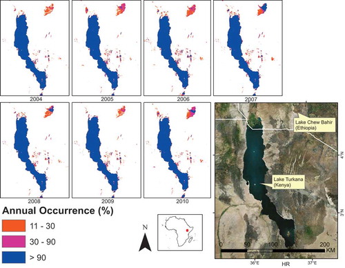 Figure 4. Annual Occurrence (%) from 2004 to 2010 on Lake Turkana (Kenya) and Lake Chew Bahir (Ethiopia) shows the inter-annual fluctuations of water extent. HR is a high resolution satellite imagery.