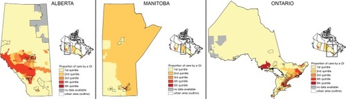 Figure 7 Heat map demonstrating that higher proportion of IBD care provided by gastroenterologists (darker colors) was more likely to be located in urban regions (outlined boxes).