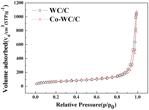 Figure 6. Nitrogen adsorption–desorption isotherms for Co-WC/C.