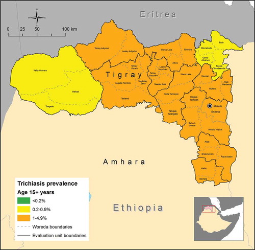 Figure 2. Adjusted prevalence of trichiasis in those 15 years and older by evaluation unit, Global Trachoma Mapping Project, Tigray Region, Ethiopia, 2013.