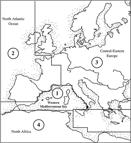 Figure 3. Sectors for the origin of air masses: (1) West Mediterranean (WMED); (2) North Africa (NAF); (3) Central–Eastern Europe (CEU); and (4) Atlantic advection (NATL).