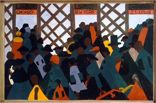 Figure 6. Jacob Lawrence (1940–1941). Migration Series – Panel no. 1: “During the World War there was a great migration North by Southern Negroes” (text and title revised by Lawrence in 1993). Casein tempera on hardboard. 12″ × 18″. Washington, DC. The Philips Collection.