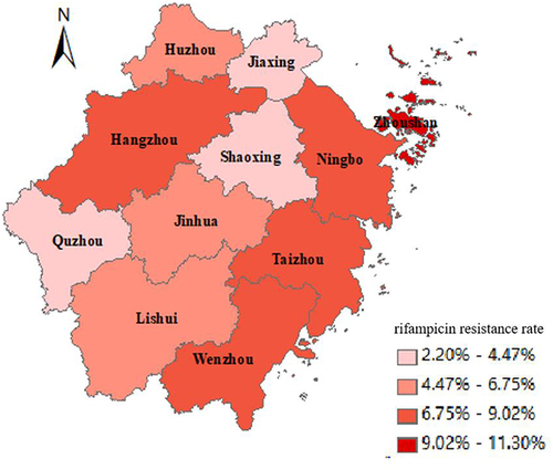 Figure 2 Geospatial distribution of 5-year overall rifampicin resistance rates in 11 cities in Zhejiang Province. The map data of cities in Zhejiang were obtained from the aliyun website (http://datav.aliyun.com/portal/school/atlas/area_selector). The map in this article is used only for data representation and does not represent a real administrative map.