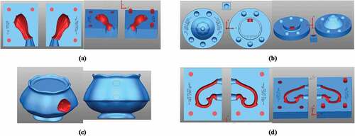 Figure 9. 3D CAD model milling process Miranda Kerr Tea for One Teapot: (a) spot; (b) lib; (c) base; (d) handle