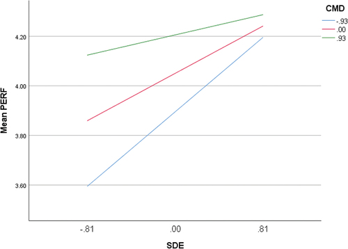 Figure 2. Slope plotting for the moderating effect on the influence of supplier development on procurement performance.