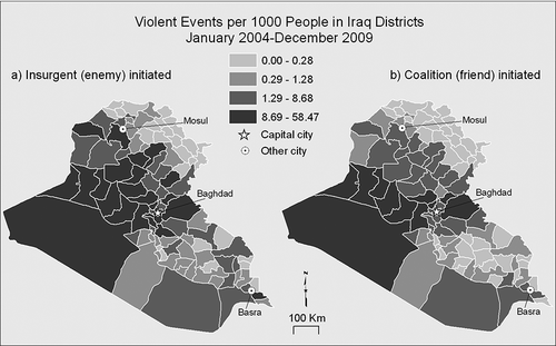 FIGURE 1 Violent events per 1,000-people district in Iraq, 2004–2009.