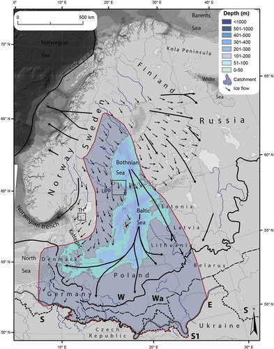 Figure 2. The Baltic Sea basin and its bathymetry in relation to Pleistocene ice limits and ice flow lines. W Late Weichselian. Wa Warte. S1 Sanian 1, E Elsterian. S Saalian. Pleistocene ice limits are from Marks et al. (Citation2018). Bathymetric data from European Marine Observation and Data Network.