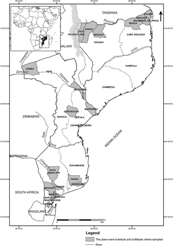 Figure 1. Map of Mozambique showing the study area in each province.