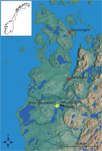 Figure 1. The location of the study site of Øvre Øksnevad in southwestern Norway. Nearby towns and other archaeological sites that are mentioned in the text are also marked. Map of Norway is inserted.