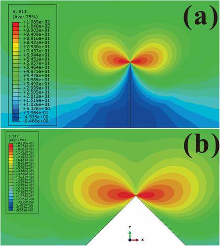 Figure 7. Typical tensile stress distribution of (a) ideal crack model and (b) non-crack model with a V-notch tip angle θ1 of 90°in a two-dimensional three -point bending beam by LFEM.