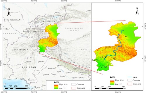 Figure 1. Overview of the study area.Note: XJ, Xinjiang Uyghur Autonomous Region; FCT, Islamabad Capital Territory; NWFP, Khyber Pakhtunkhwa; AK, Azad Kashmir; P, Punjab; NA, Gilgit-Baltistan; FATA, Federally Administered Tribal Area.