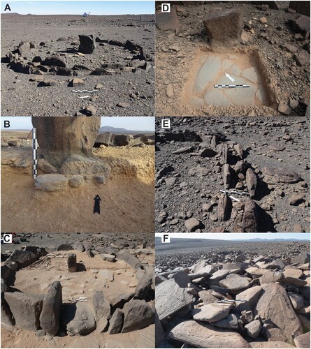 Figure 4 Architectural features of single Standing Stone Circles. A: upright stone walls and single standing stone in the centre; B: standing stone packing; C: doorway with threshold stone; D: paved surface; E: channel formed from a double row of upright stones; F: collapsed cantilevered flat stone slab ‘roofing’.