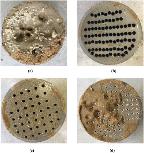 Figure 10. Deposition of sediments on CRP: (a) low porosity samples (≤ 4%) show flocculated clay adhering on to surface of sand particles; (b) high porosity samples (≥ 8%) show little accumulation of sand or clay; (c) no blockage in samples with large pore diameters (5 or 6 mm); (d) sediment accumulation on samples with small pores (3 mm).