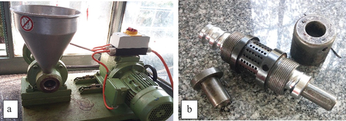 Figure 3. Assembled oil pressing machine (a) with perforated barrel and nozzle (b).