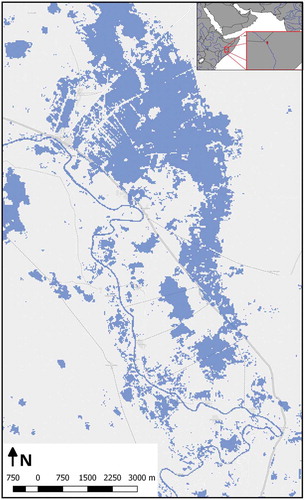 Figure 11. Extracted flood mask in a study area in Somalia using a long time series of optical EO images. Background basemap is copyrighted by OpenStreetMap contributors and available from https://www.openstreetmap.org.